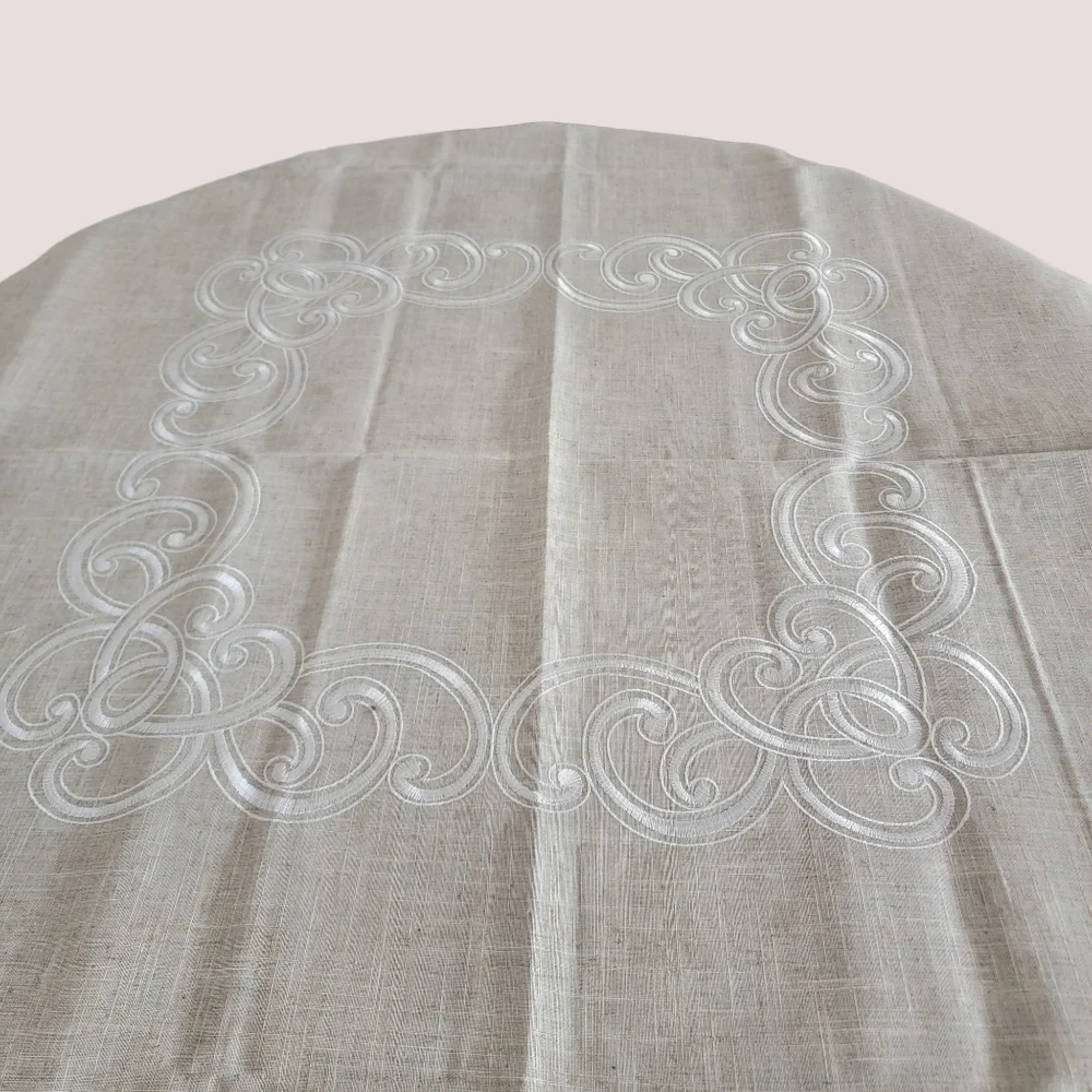 SARO Embroidered Scallop Design Natural Linen Blend Tablecloth Square 67